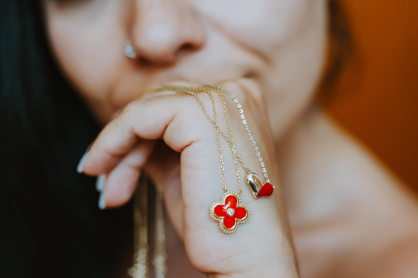 Yellow Silver & Half red Heart Necklace