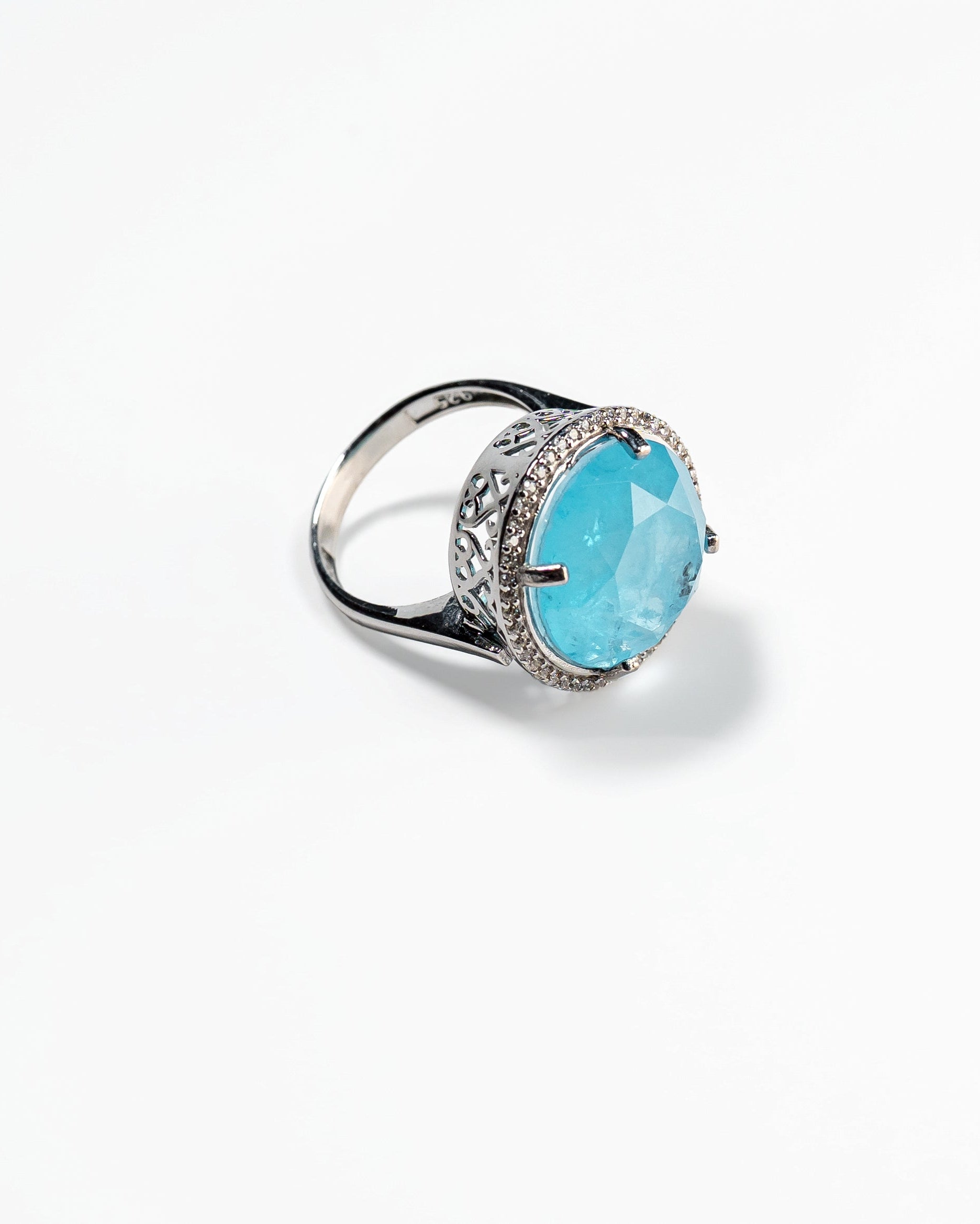 Aquamarine Halo Ring in Silver Tone