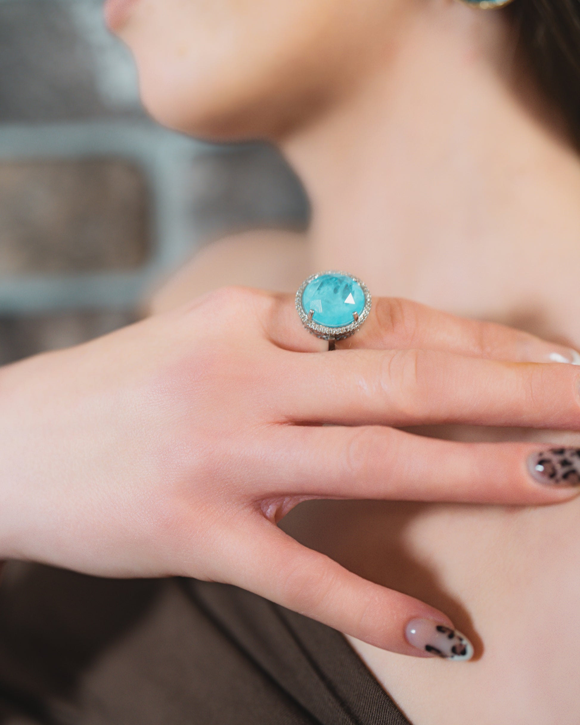 Aquamarine Halo Ring in Silver Tone