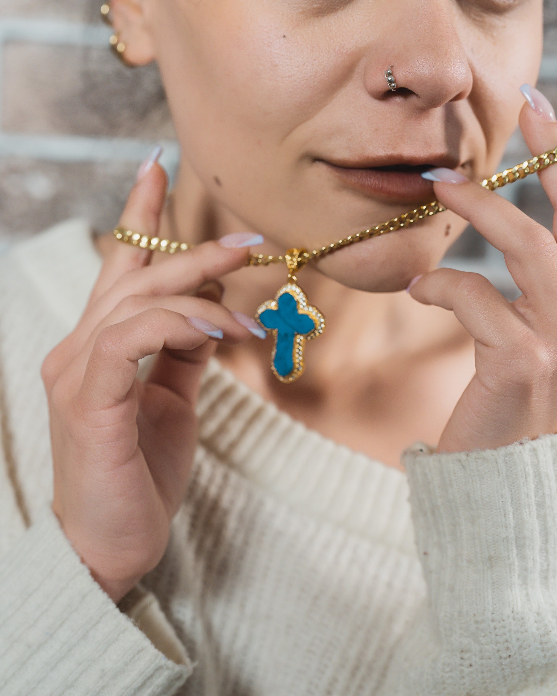Blue Cross Pendant with Gold-Tone Frame