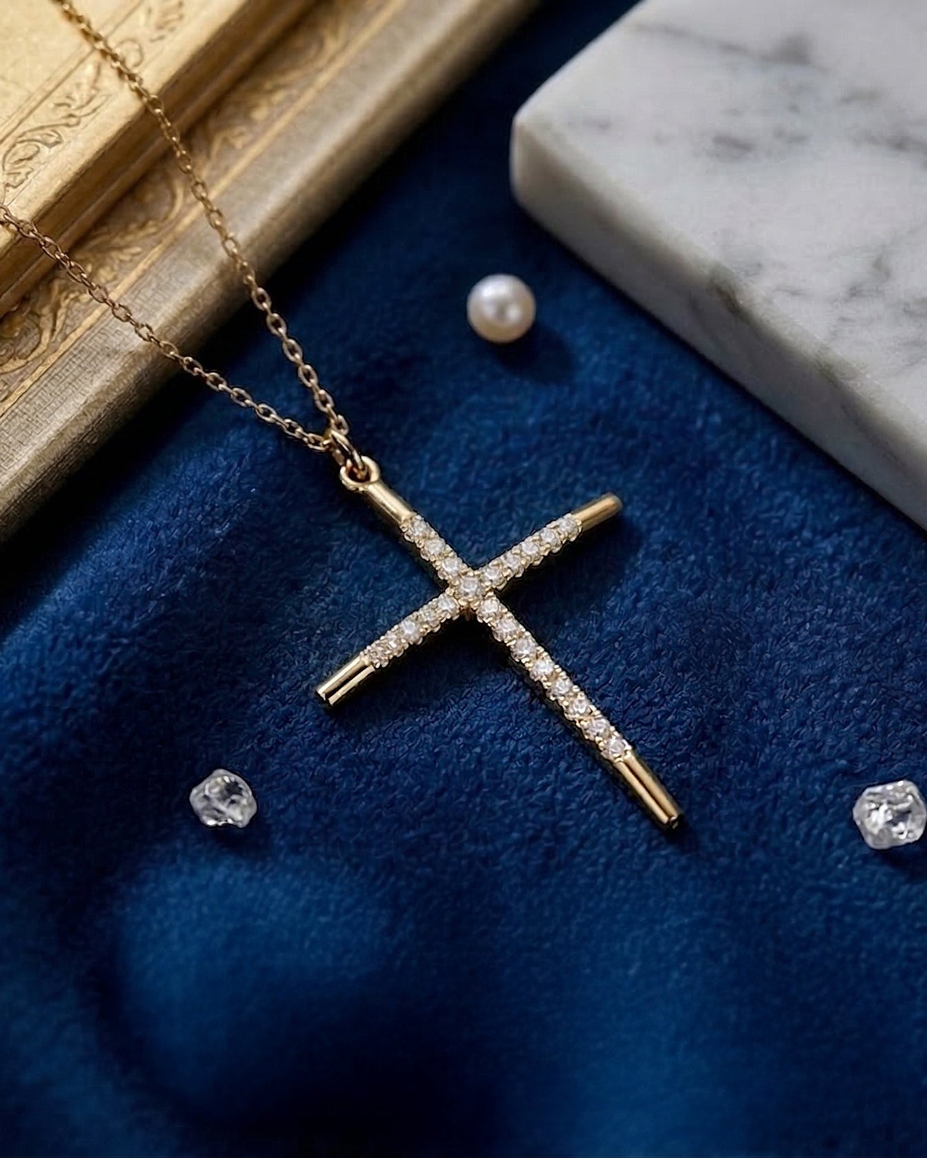 Gold Cross Necklace with Zircon Stones 