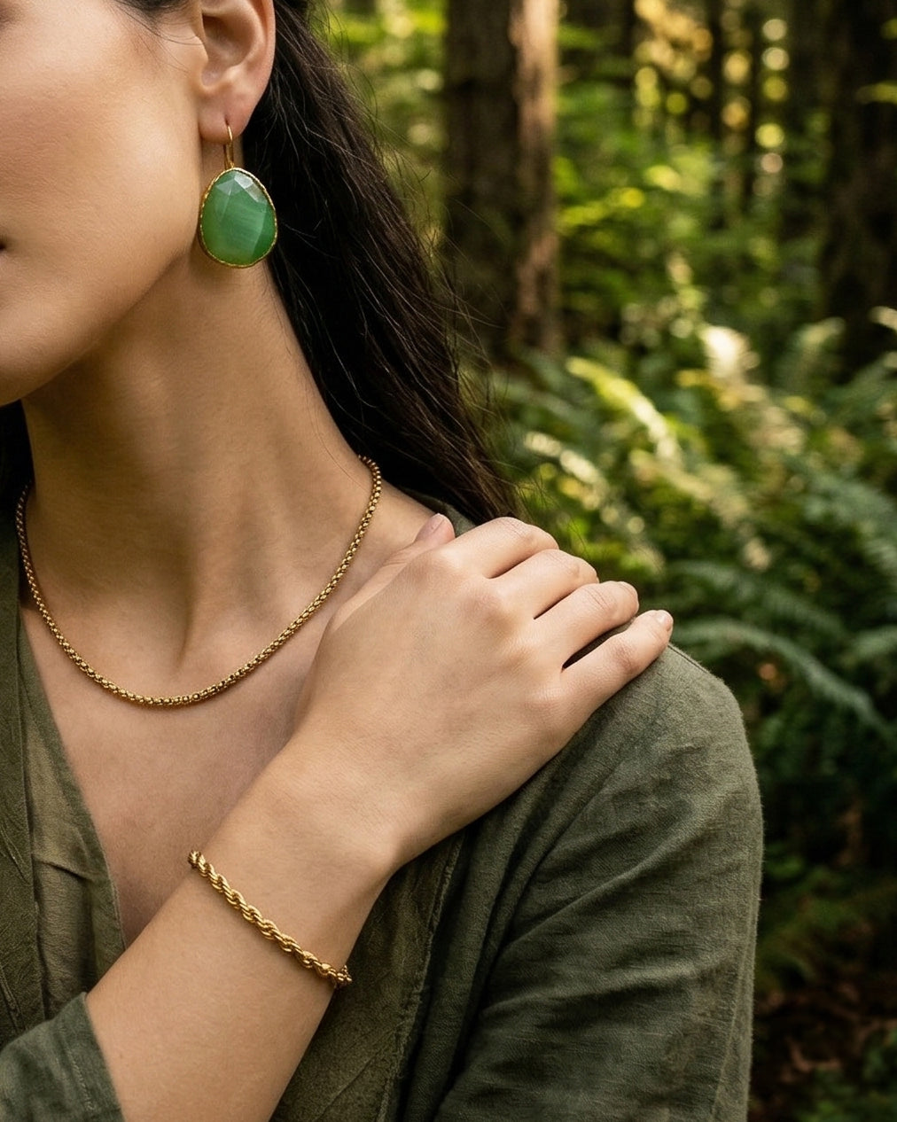 Green Faceted Drop Earrings in Gold Tone