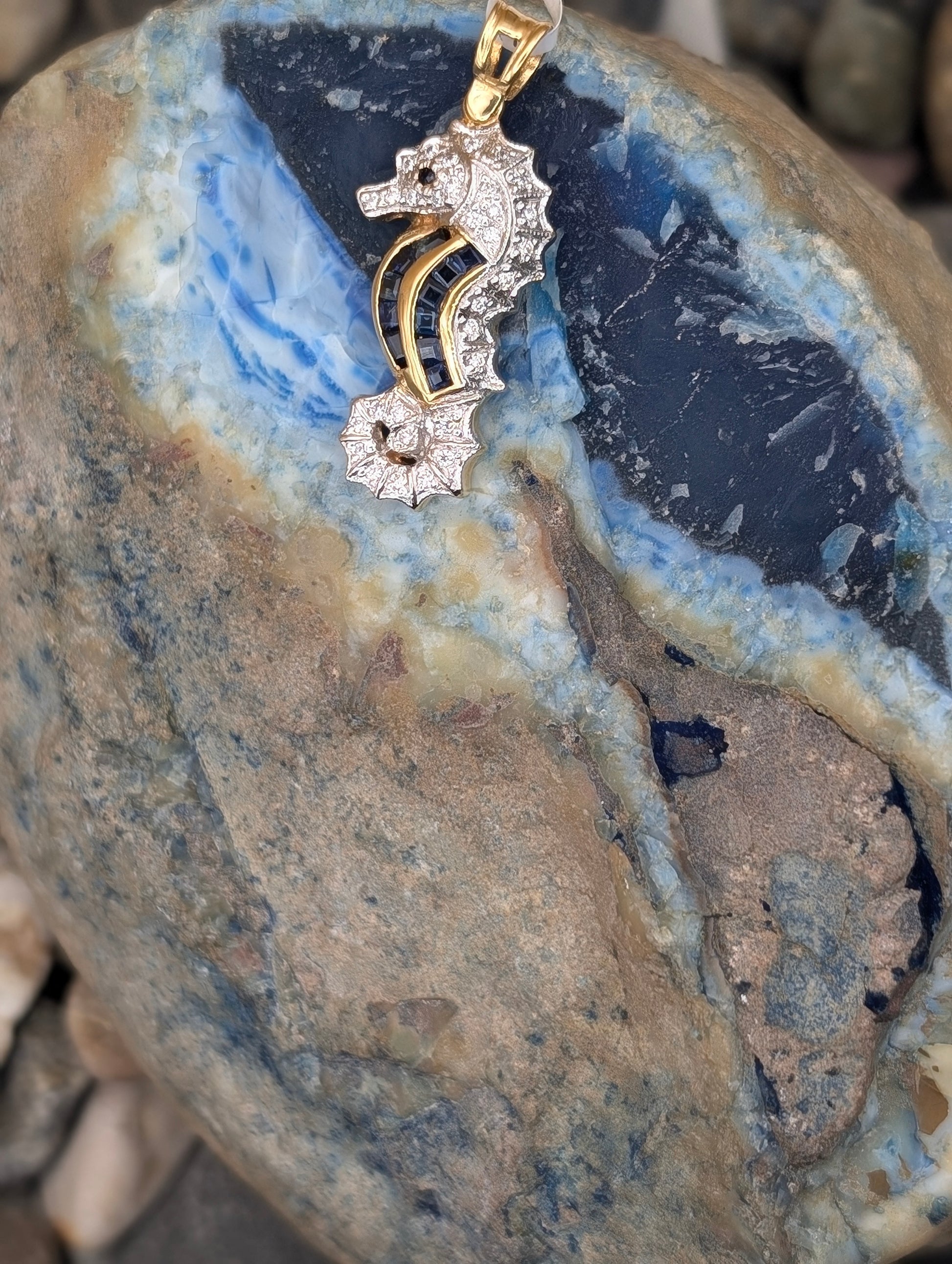 Gold Hippocampus Pendant with Zircon & Blue Sapphire