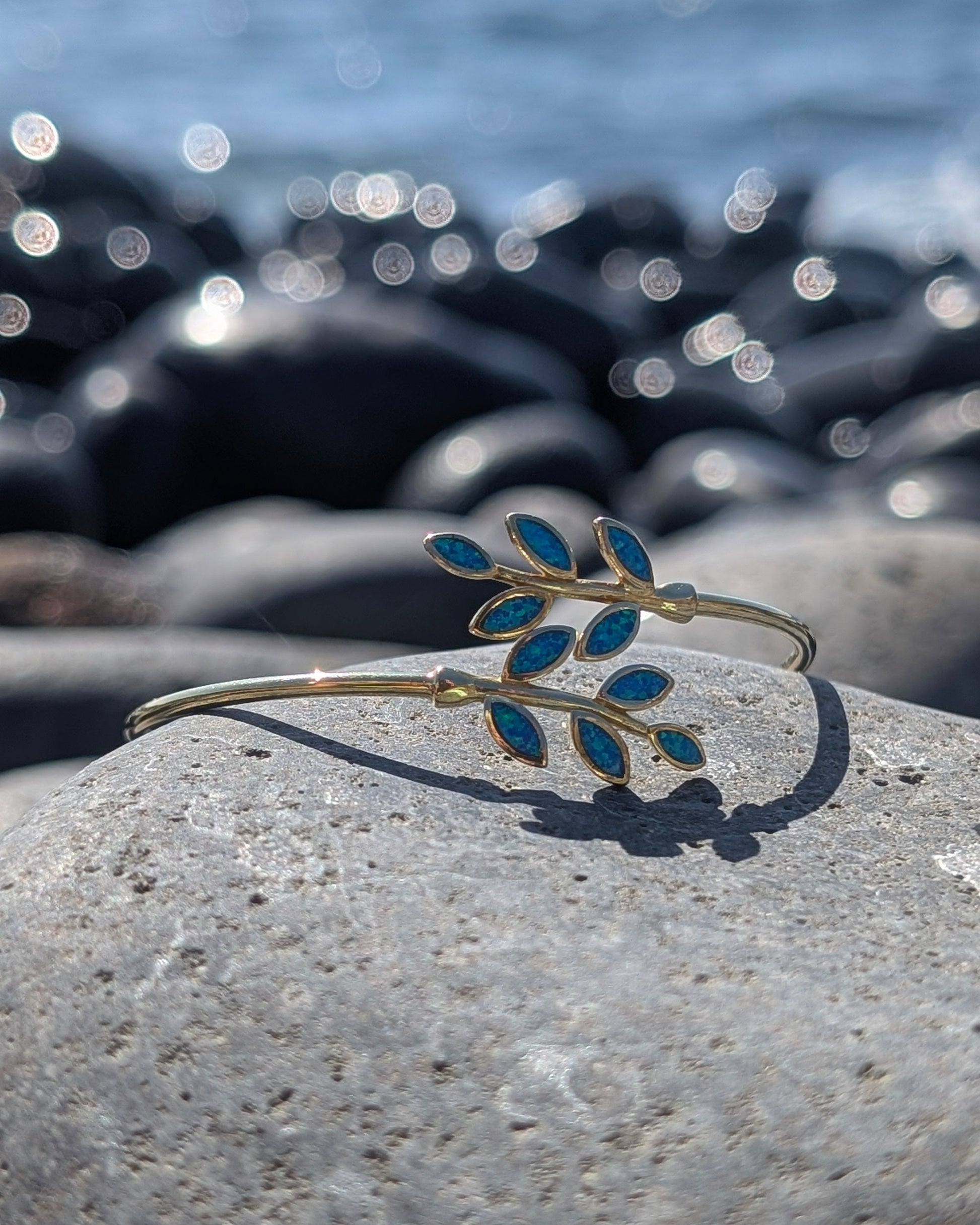 Yellow Silver Leaf Cuff Bracelet with Opal