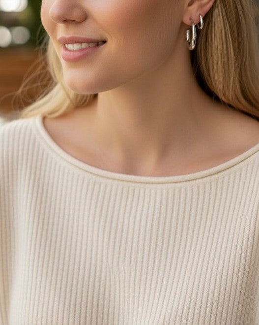 Pair of chunky silver open hoop earrings with stud post backs