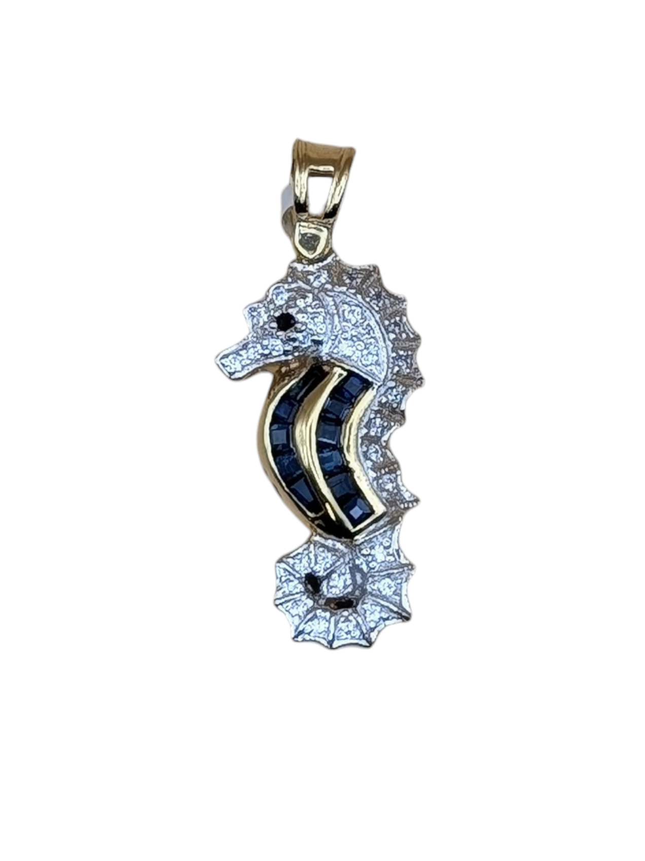 Gold Hippocampus Pendant with Zircon & Blue Sapphire