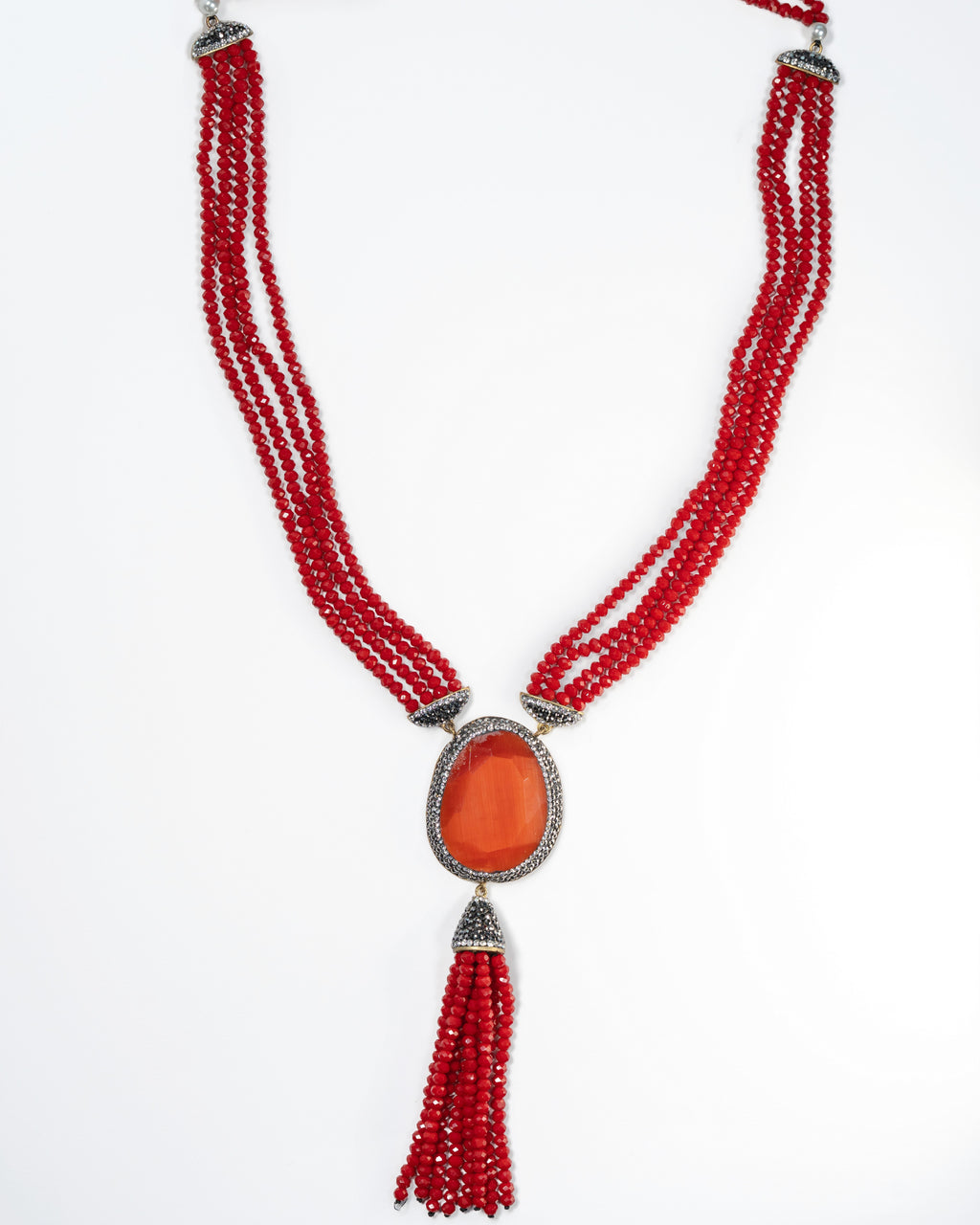 Red Beaded Tassel Statement Necklace