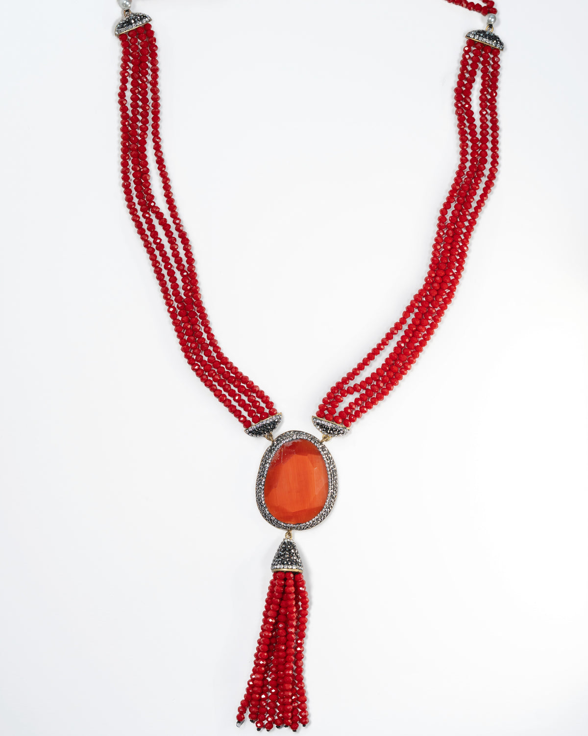 Red Beaded Tassel Statement Necklace