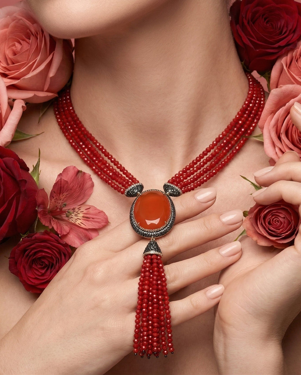 Red Beaded Tassel Statement Necklace