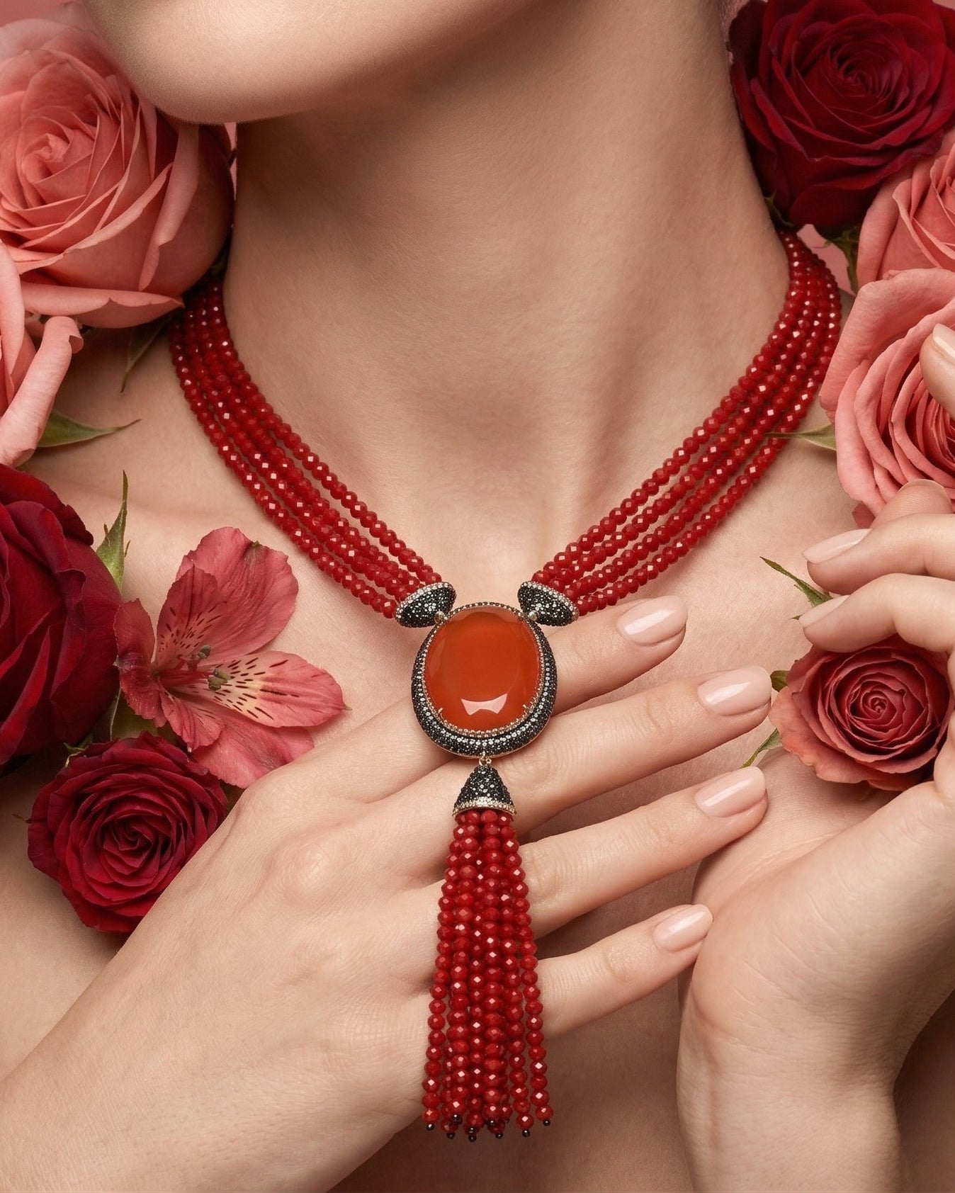 Red Beaded Tassel Statement Necklace