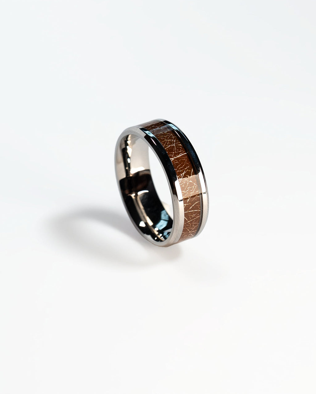 Silver-Tone Steel & Brown Inlay Band Ring