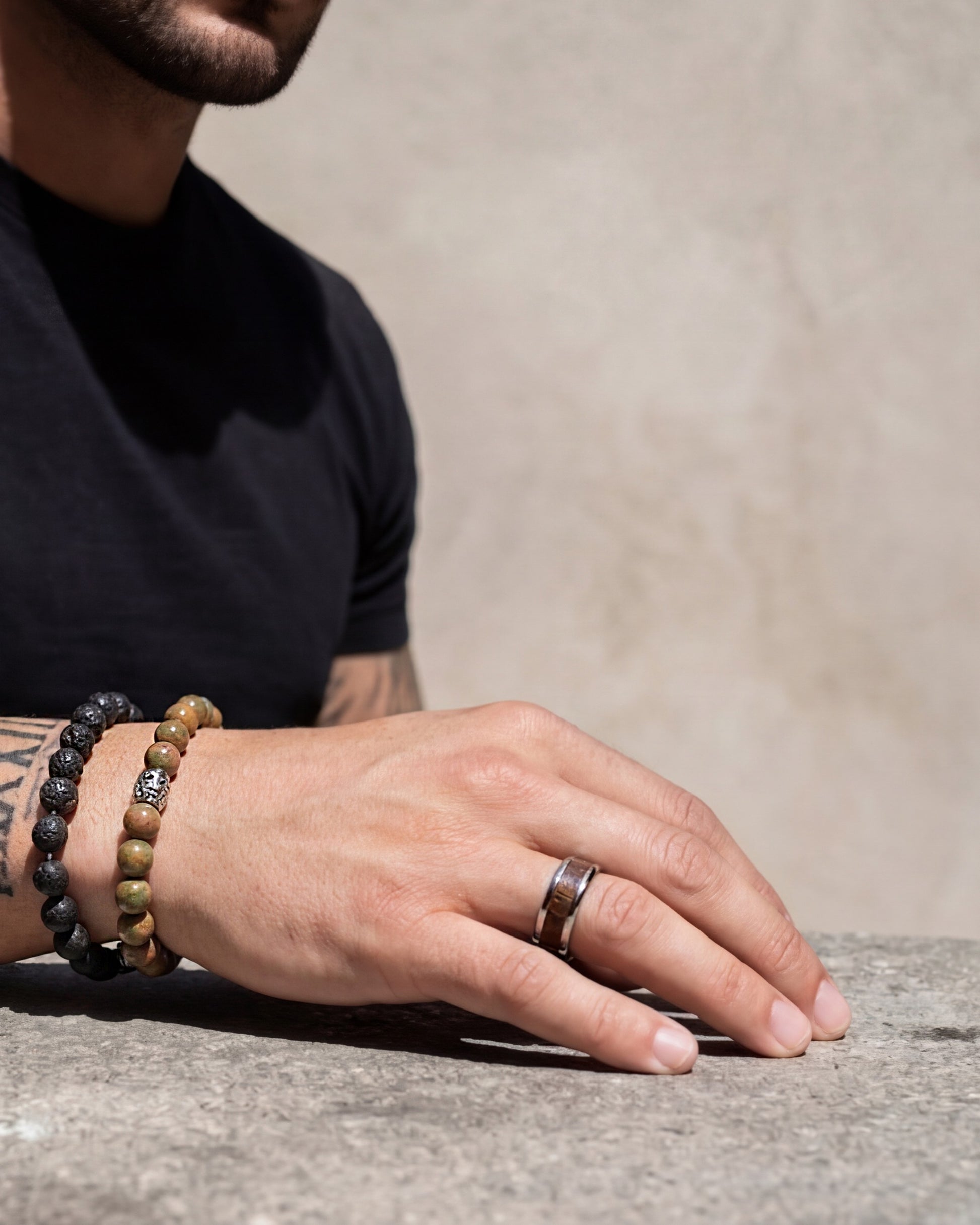 Silver-Tone Steel & Brown Inlay Band Ring