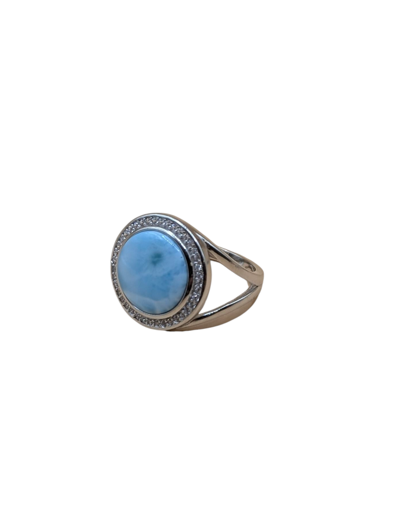 Sterling silver ring with round blue gemstone and halo accents