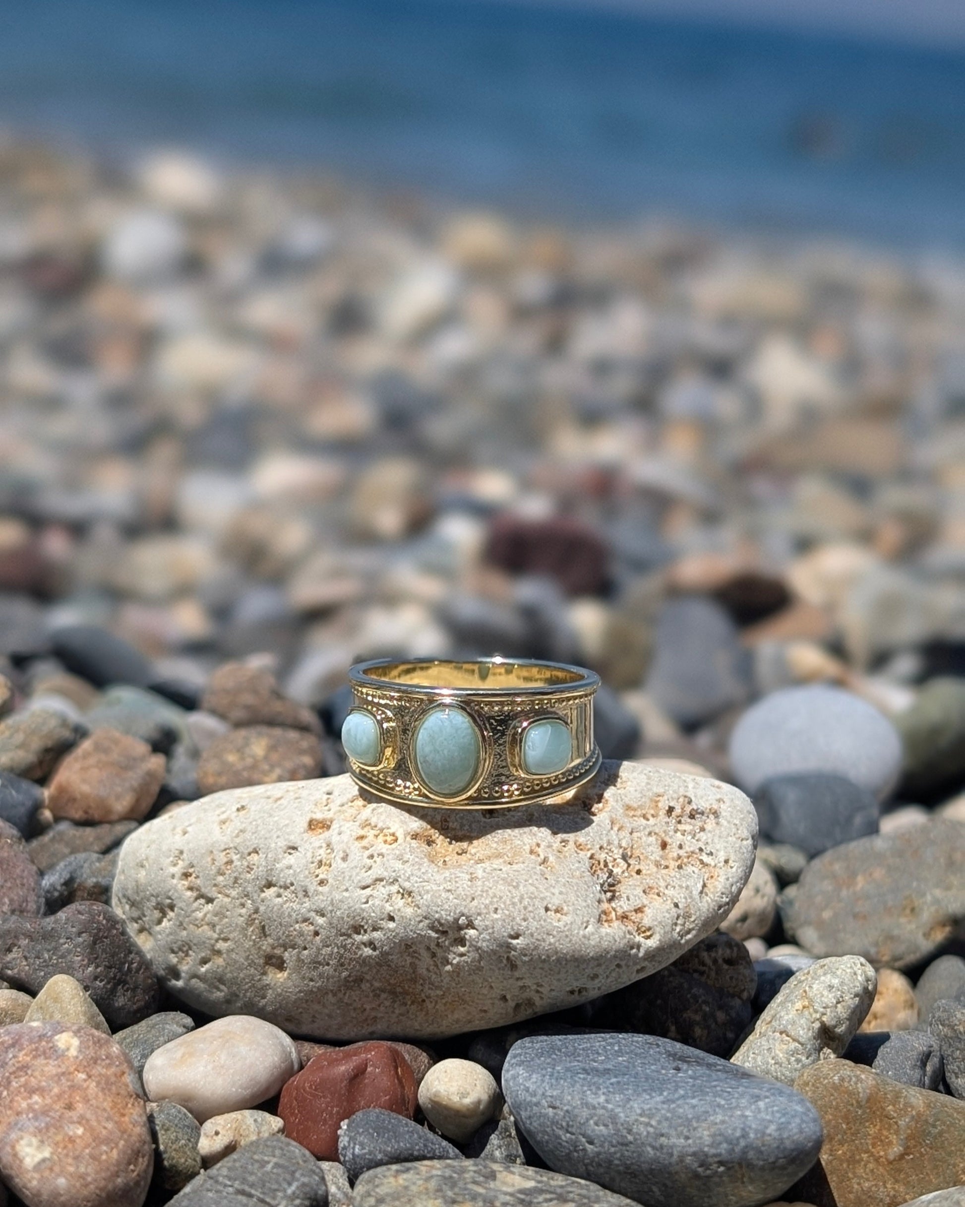 Wide Silver Band Ring with Larimar Gemstones