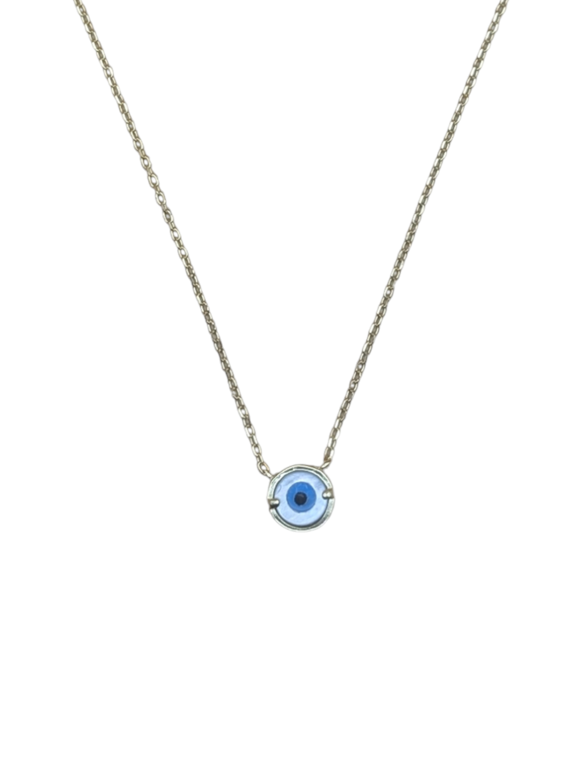 Delicate yellow-tone chain necklace with a small blue and white Evil Eye charm pendant.