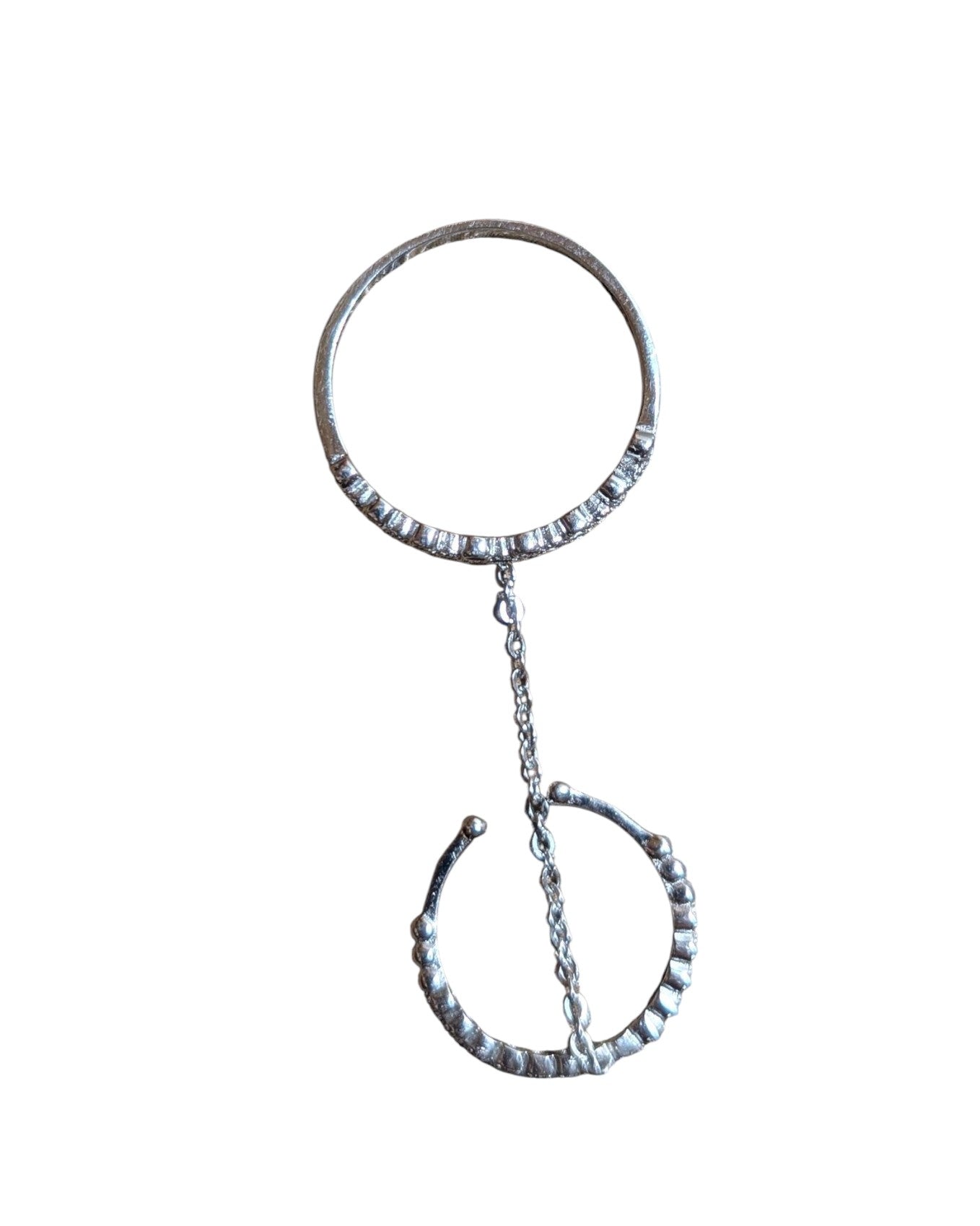 Double silver ring with zircon stones connected by chain – Greek jewellery from Sifonios Kos