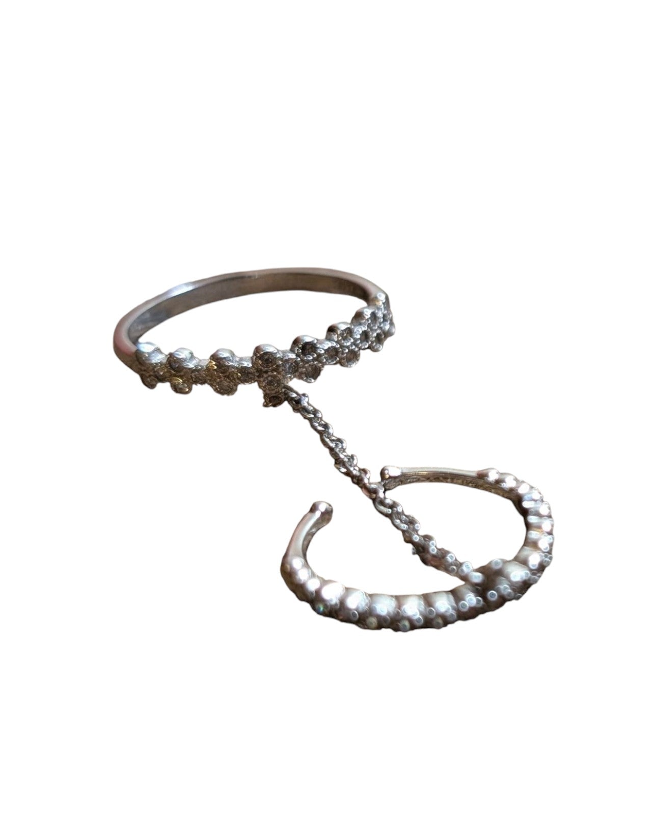 Double silver ring with zircon stones connected by chain - Greek jewellery from Sifonios Kos