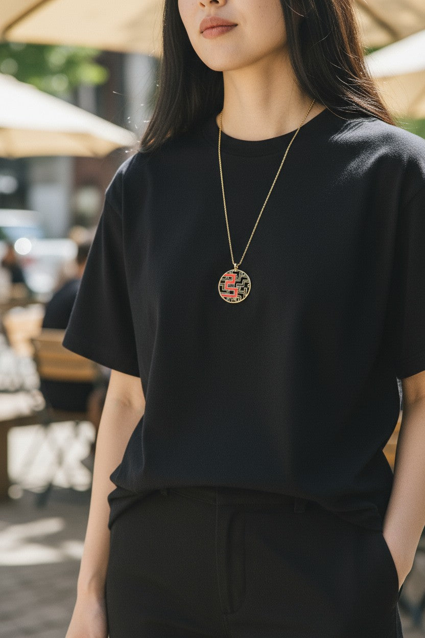 Long Yellow-Tone Geometric Maze Pendant Necklace