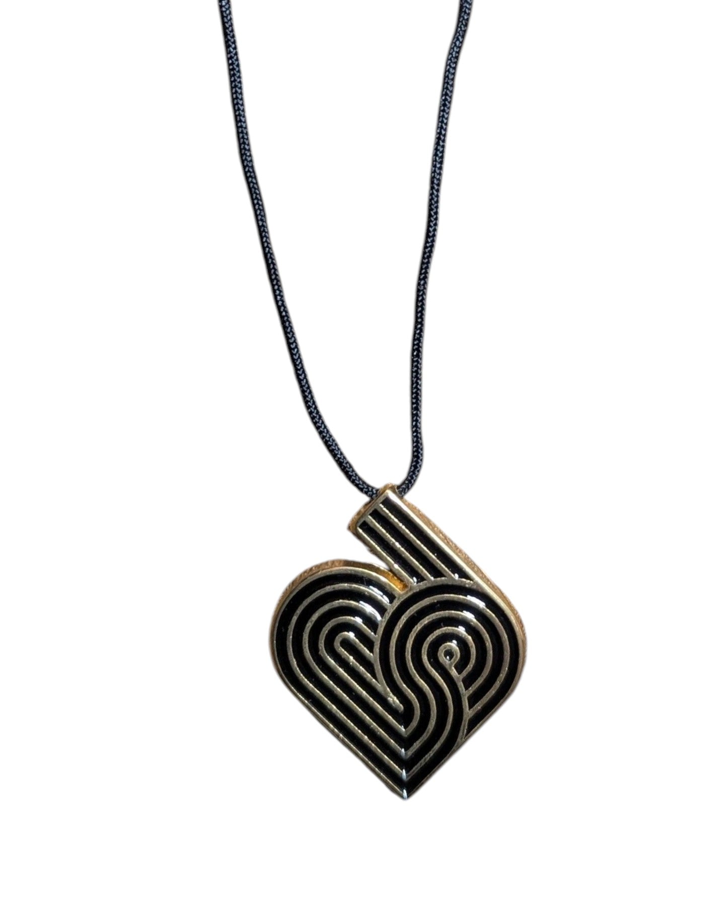 Retro Striped Heart Pendant Long Necklace on Black Cord