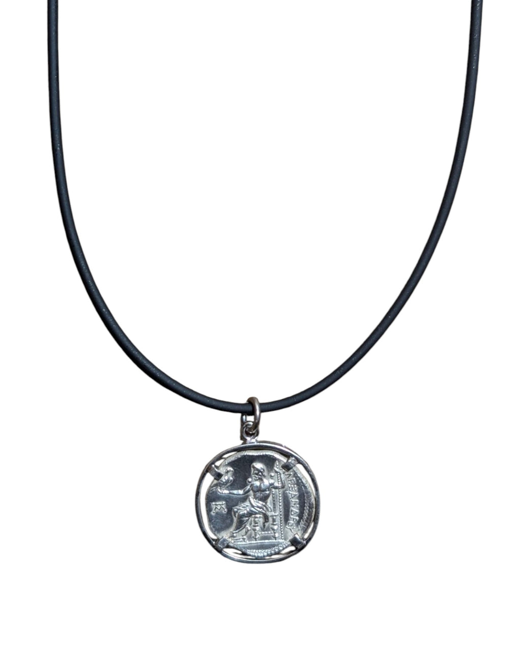 Unisex silver pendant necklace with classic coin design on black cord – stylish jewellery 