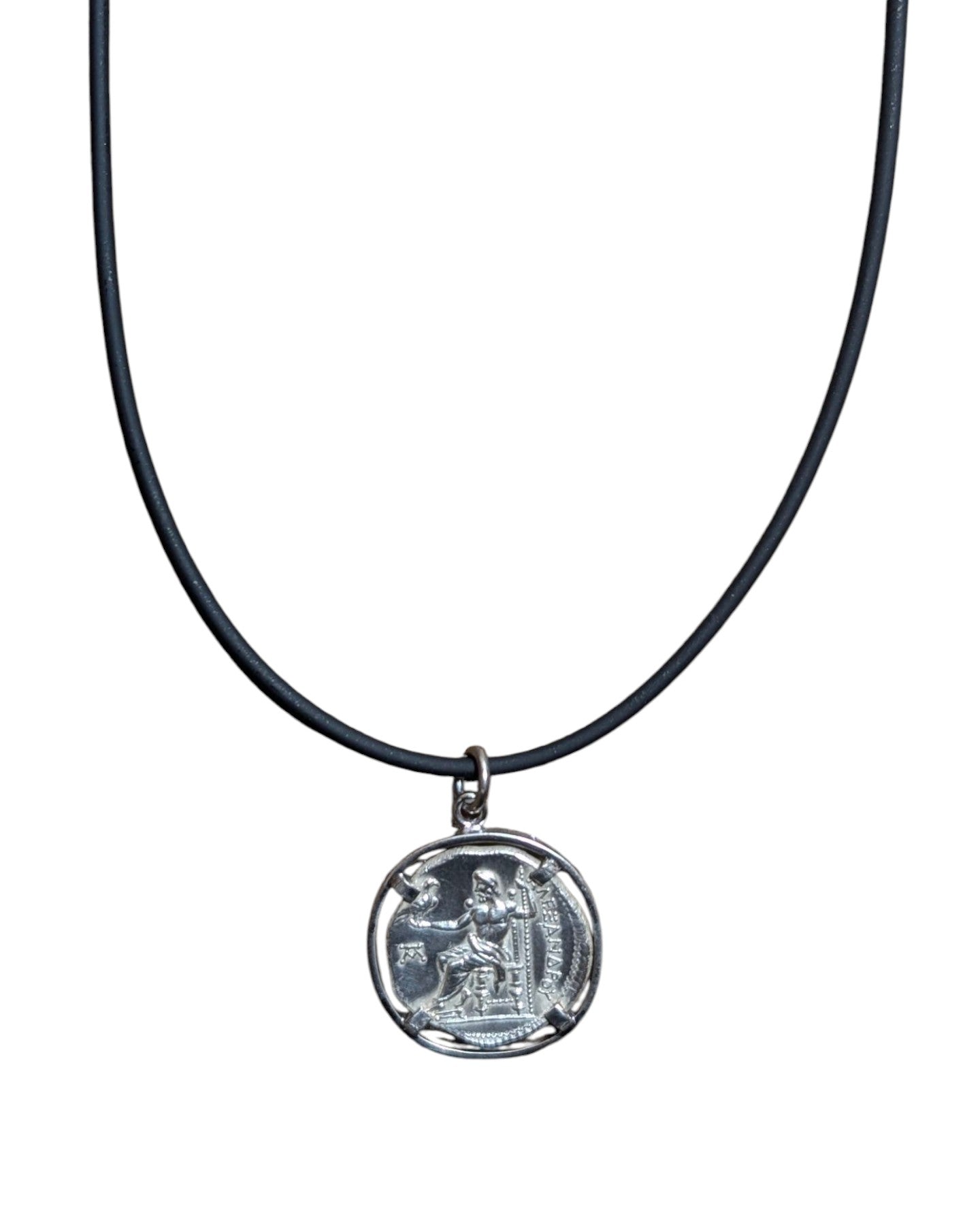 Unisex silver pendant necklace with classic coin design on black cord – stylish jewellery 
