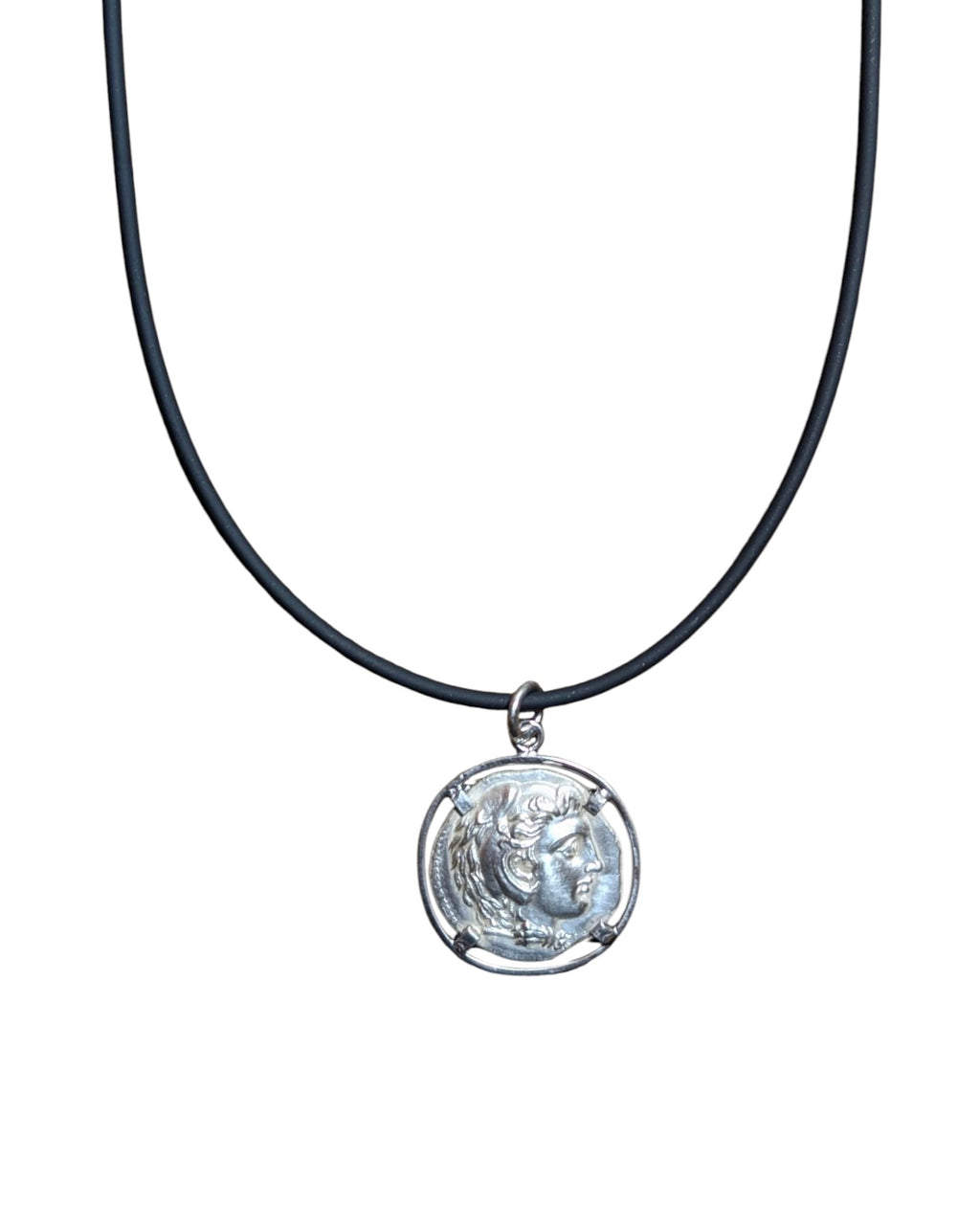Unisex silver pendant necklace with classic coin design on black cord – stylish jewellery 